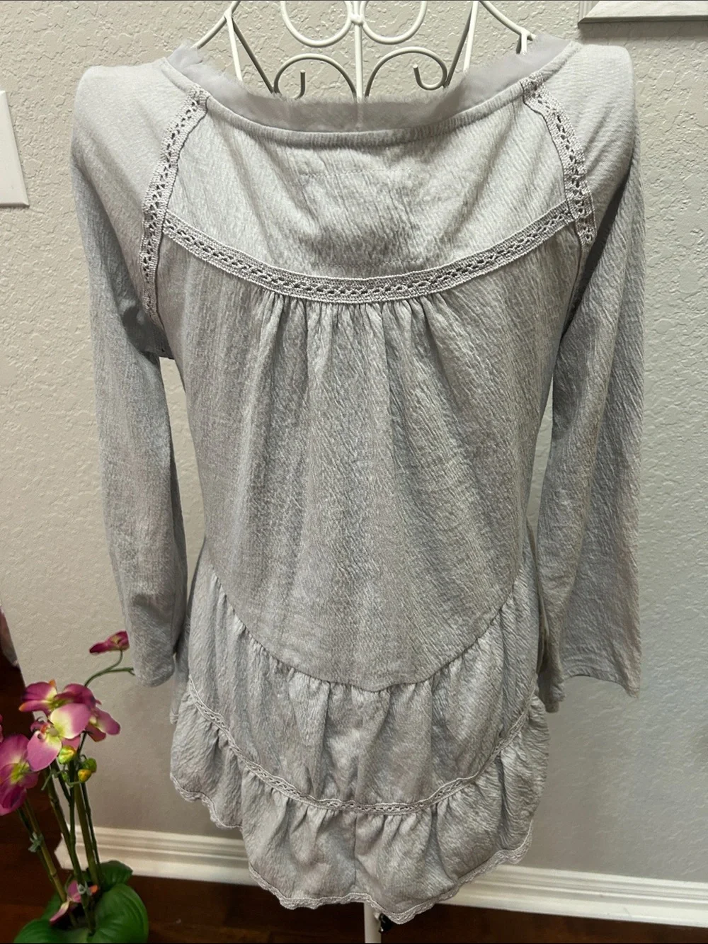 Womens Lace-Front Gray Peasant Top By Antropolgie S
